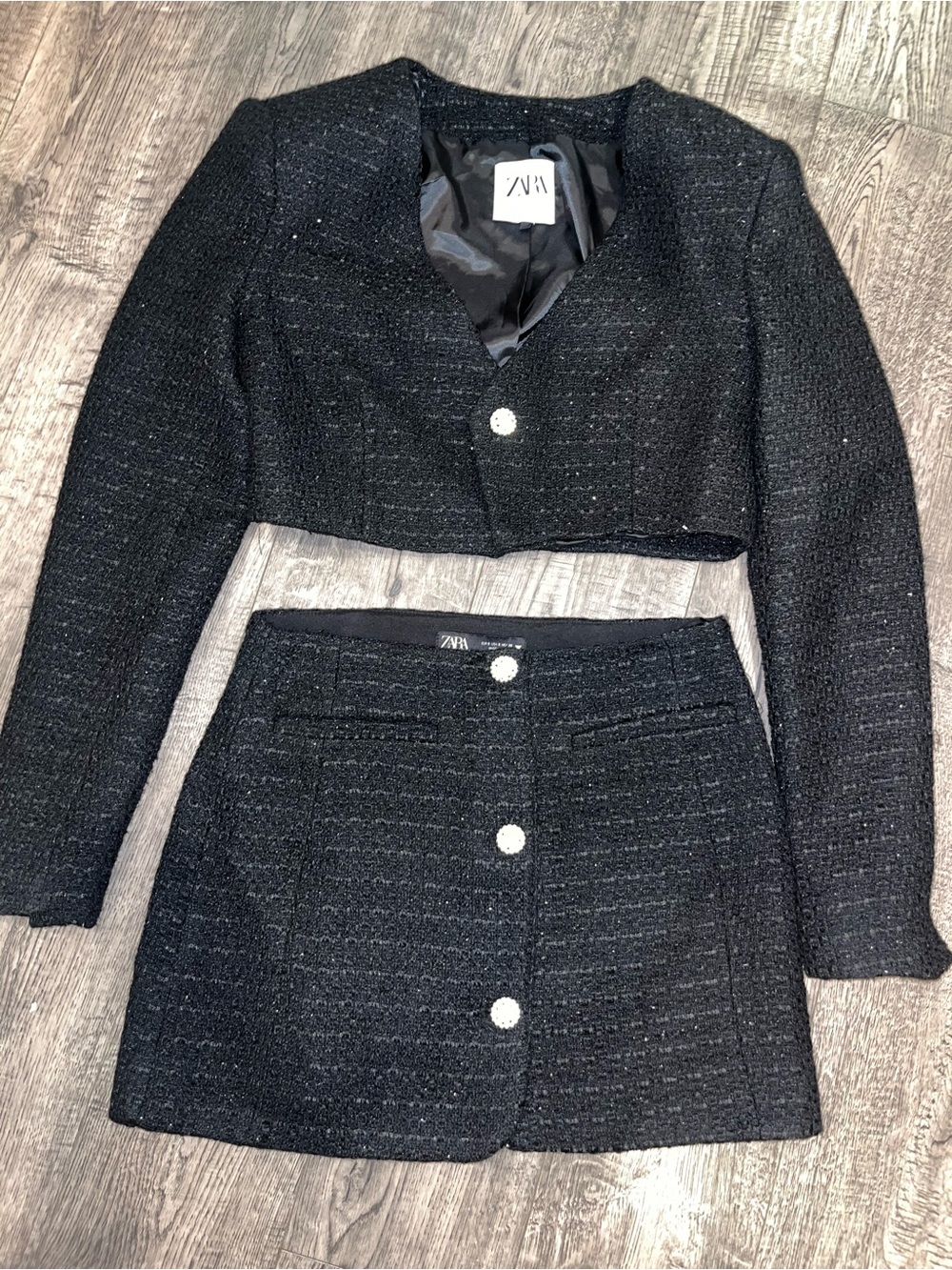 Zara Black Tweed Button-Front Mini Skirt